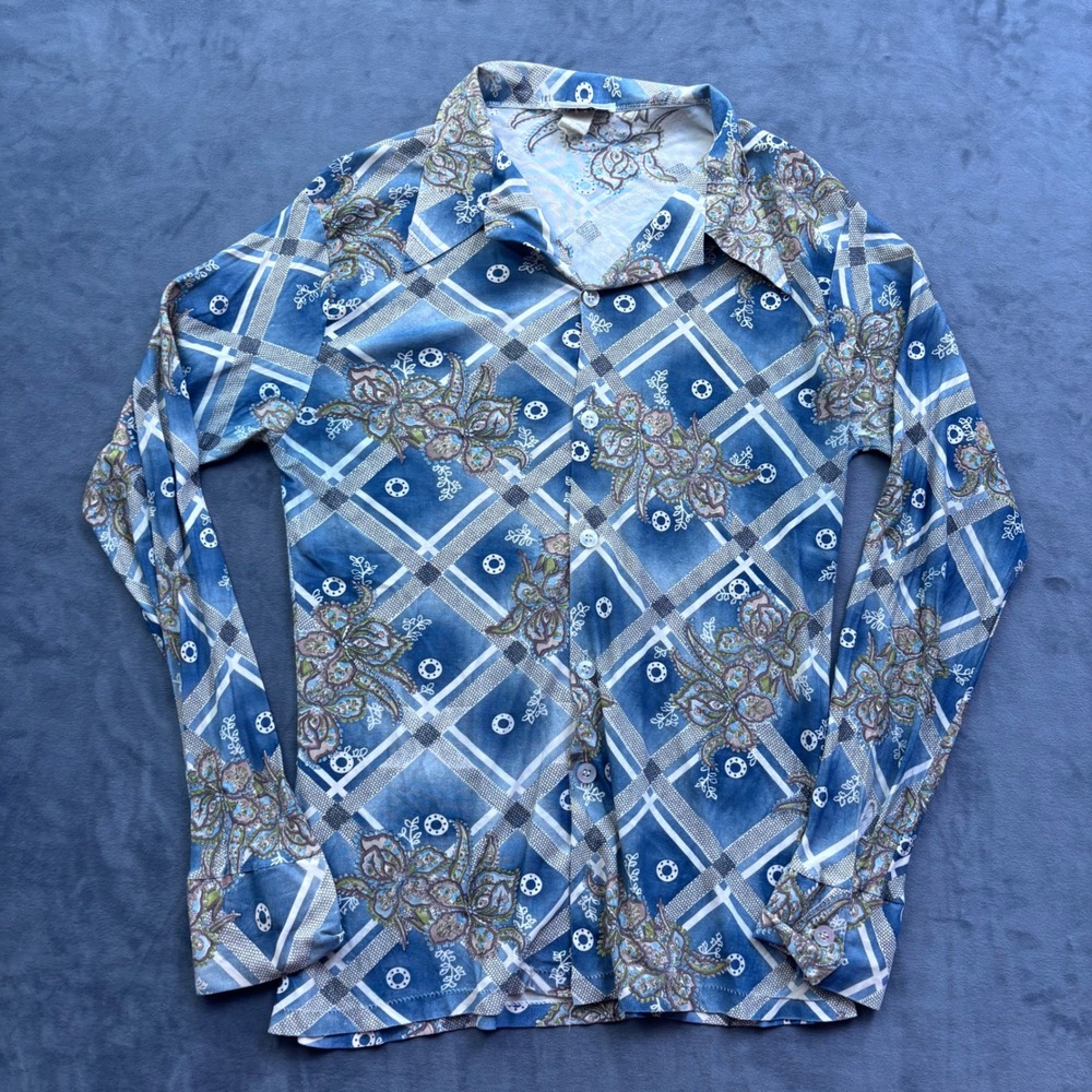 Vintage Coventry 70s Disco Shirt XL Blue Floral Paisley Geometric Dagger Collar